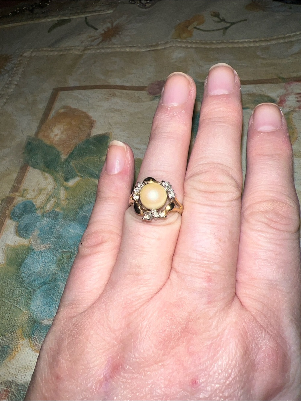Gold Ring with Cream Cabochon and Sparkling Accents